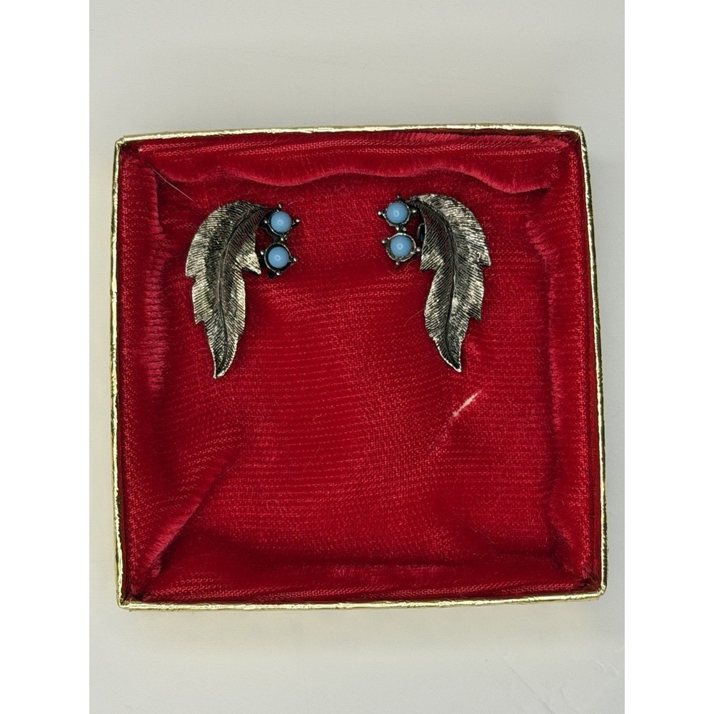 Silver Tone Leaf Earrings with Blue Stones in Original Box Globe Vintage